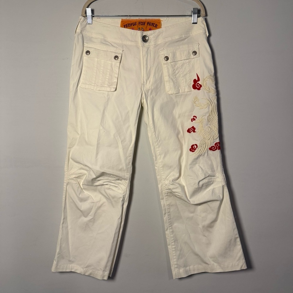 People for Peace White Cotton Pants with Floral Embroidery, Size 30